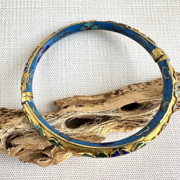 Vintage 1970s Floral Cloisonne Enamel Bangle Bracelet 7" Chinese Export - Picture 1 of 9